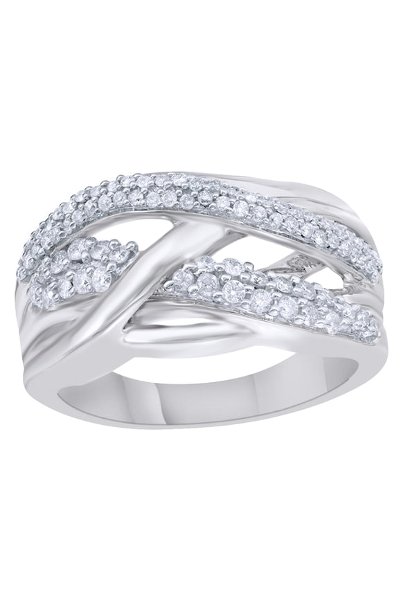 White Natural Diamond Multi-Row Crossover Engagement Ring in 10k White Gold