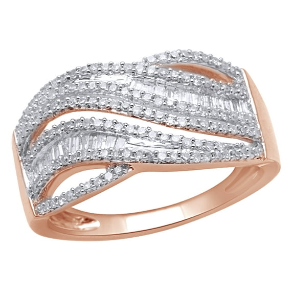 White Natural Diamond Multi Row Wave Ring In 10k Rose Gold