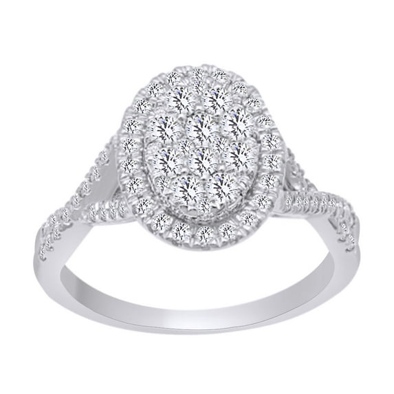 AFFY White Natural Diamond Oval Cluster Wedding Engagement Ring In 14k White Gold With Ring Size 6.5