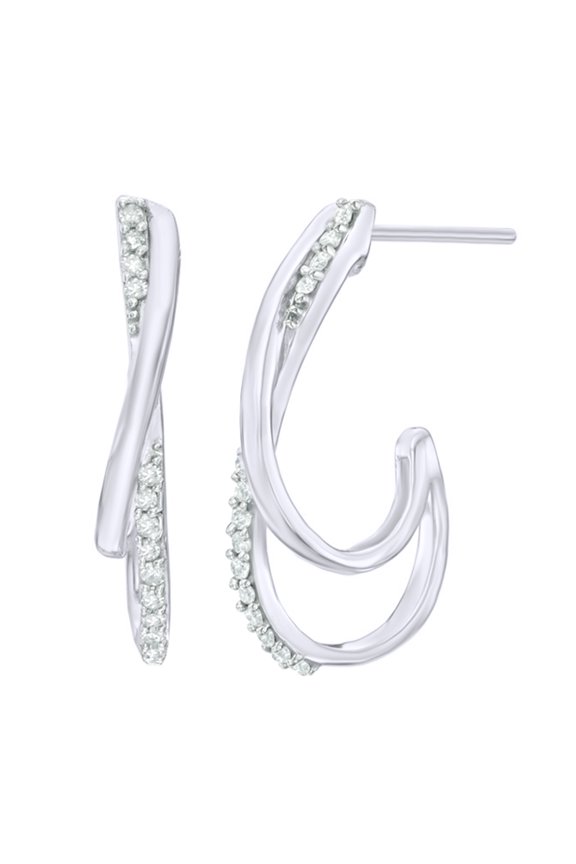 White Natural Diamond Overlay J-Hoop Earrings in 10k White Gold (0.2 Cttw )