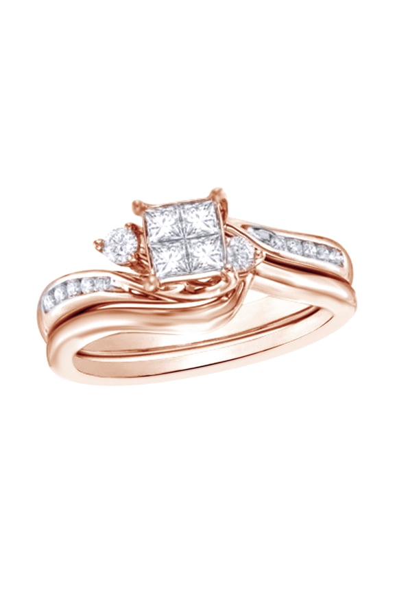 White Natural Diamond Quad Bridal Ring Set In 10k Rose Gold (0.5 Cttw)