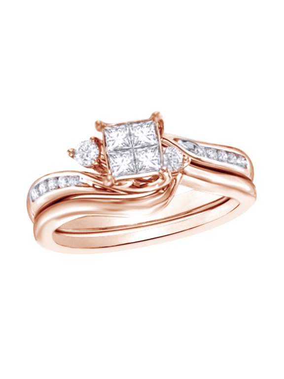 White Natural Diamond Quad Bridal Ring Set In 10k Rose Gold (0.5 Cttw)
