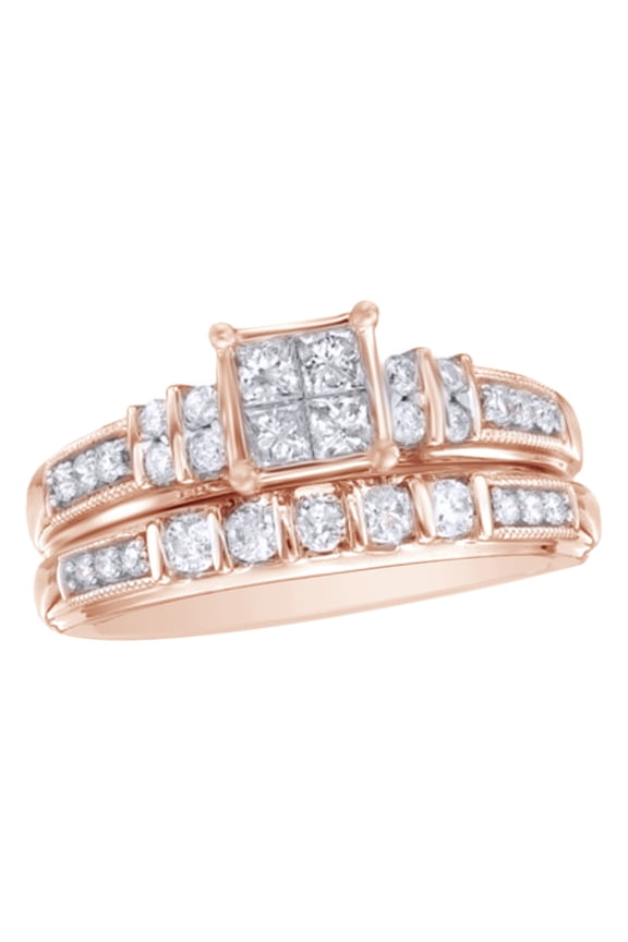 White Natural Diamond Quad Bridal Ring Set In 10k Rose Gold (0.75 Cttw)