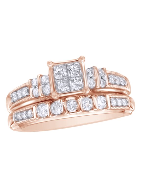 White Natural Diamond Quad Bridal Ring Set In 10k Rose Gold (0.75 Cttw)