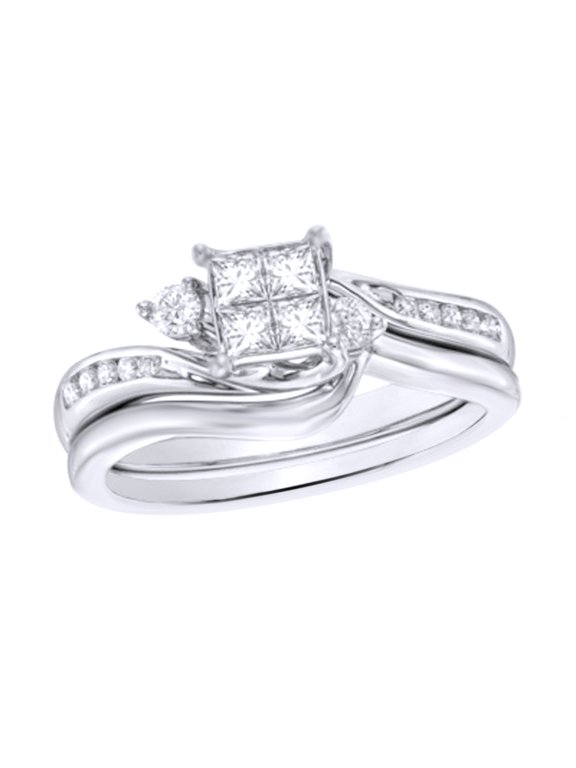 White Natural Diamond Quad Bridal Ring Set In 10k White Gold (0.5 Cttw)