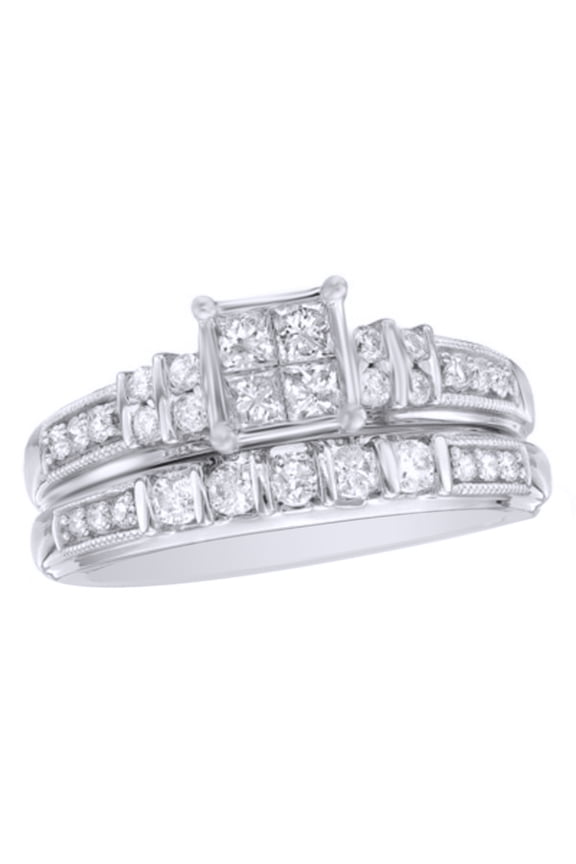 White Natural Diamond Quad Bridal Ring Set In 10k White Gold (0.75 Cttw)