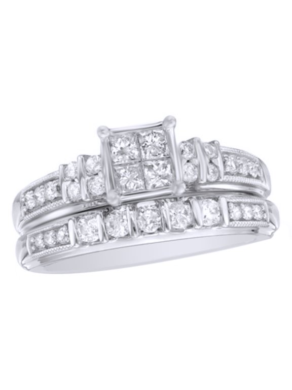 White Natural Diamond Quad Bridal Ring Set In 10k White Gold (0.75 Cttw)