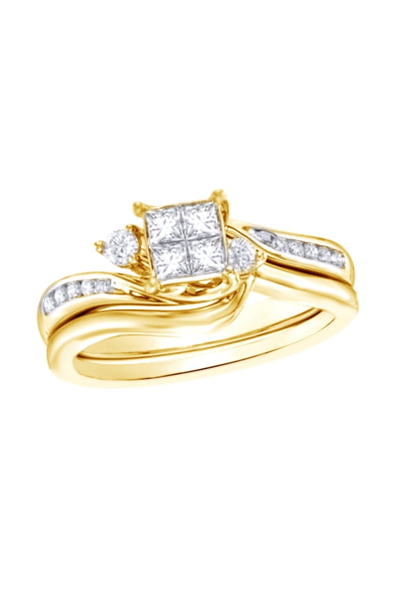 White Natural Diamond Quad Bridal Ring Set In 10k Yellow Gold (0.5 Cttw)