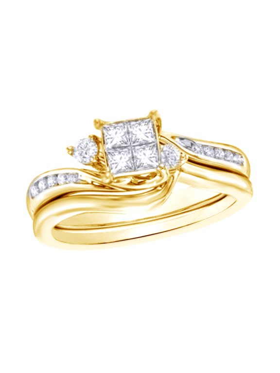 White Natural Diamond Quad Bridal Ring Set In 10k Yellow Gold (0.5 Cttw)