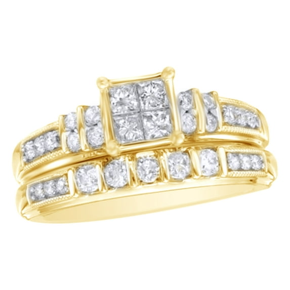 AFFY White Natural Diamond Quad Bridal Ring Set In 10k Yellow Gold (0.75 Cttw)