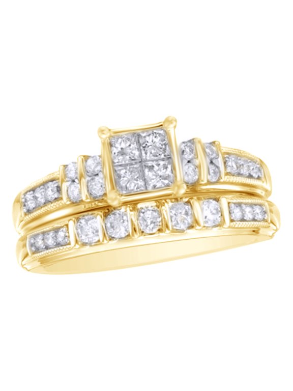 White Natural Diamond Quad Bridal Ring Set In 10k Yellow Gold (0.75 Cttw)