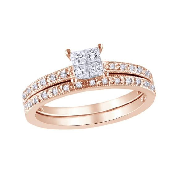 AFFY White Natural Diamond Quad Vintage-Style Bridal Ring Set In 10k Rose Gold (0.33 Cttw)