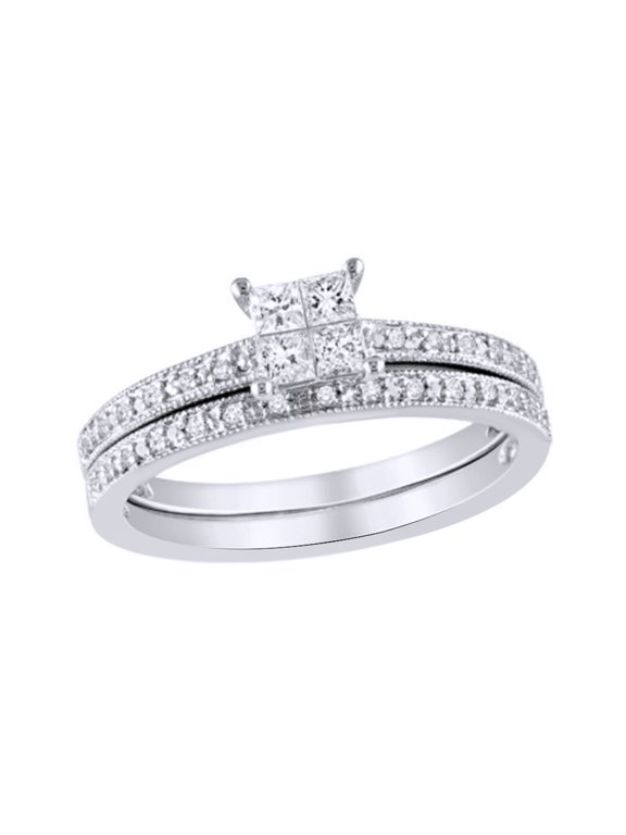 White Natural Diamond Quad Vintage-Style Bridal Ring Set In 10k White Gold (0.33 Cttw)