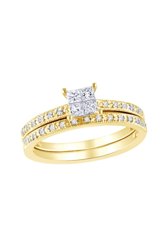 White Natural Diamond Quad Vintage-Style Bridal Ring Set In 10k Yellow Gold (0.33 Cttw)