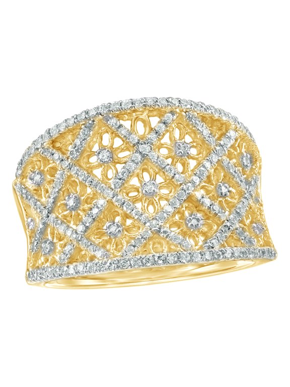 White Natural Diamond Quilted Band Ring in 10k Yellow Gold