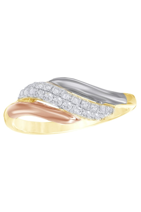 White Natural Diamond Rolling Wave Ring in 14k Tri-Tone Yellow Gold