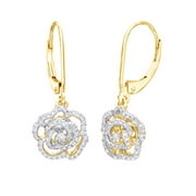 JEWEL ZONE US White Natural Diamond Rose Drop Earrings In 14K Solid Yellow Gold (0.33 Ct)