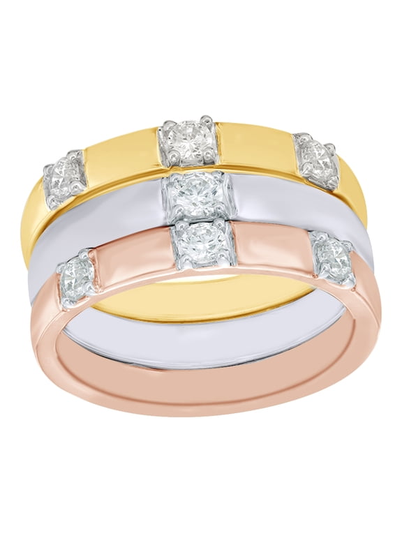 White Natural Diamond Seven Stone Three Piece Stackable Ring Set in 10K Tri-Tone Solid Gold