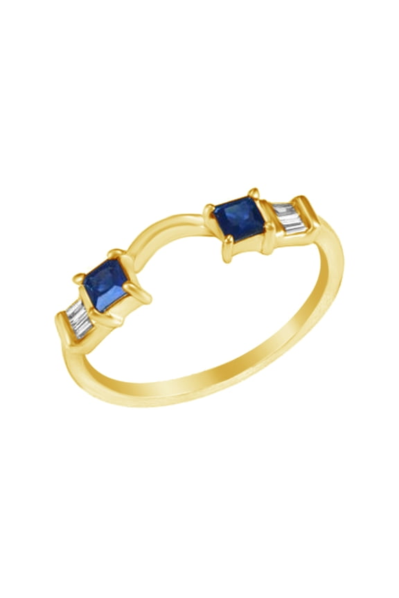 White Natural Diamond & Simulated Blue Sapphire CZ Solitaire Ring Wrap In 14k Yellow Gold