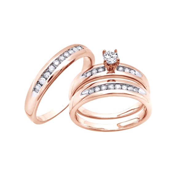 AFFY White Natural Diamond Solitaire Wedding Trio Ring Set In 14k Rose Gold (0.63 Cttw)