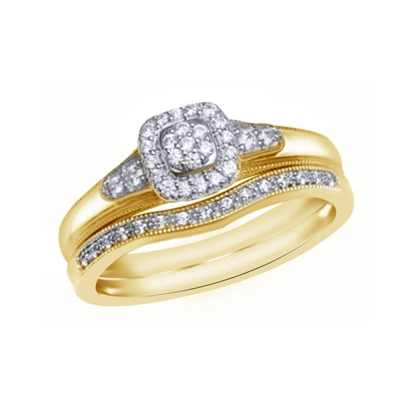 AFFY White Natural Diamond Square Cluster Frame Bridal Ring Set In 10k Yellow Gold (0.2 Cttw)