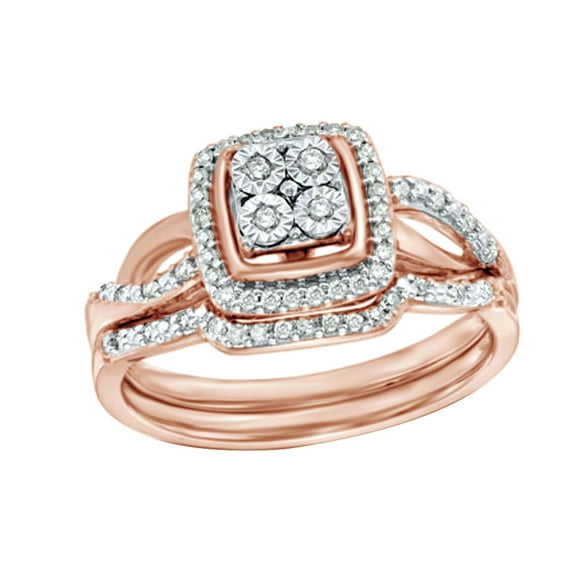 AFFY White Natural Diamond Square Frame Bridal Ring Set In 10k Rose Gold (0.25 Cttw)