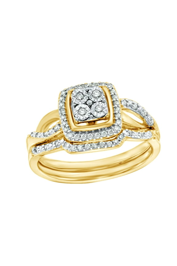 White Natural Diamond Square Frame Bridal Ring Set In 10k Yellow Gold (0.25 Cttw)