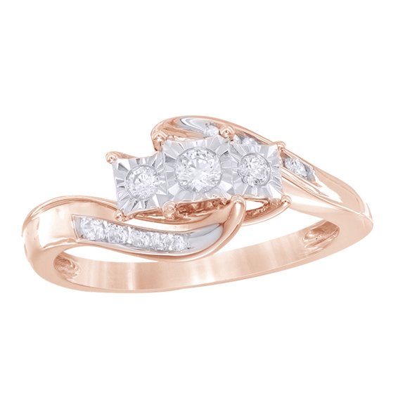 AFFY White Natural Diamond Square Three Stone Bypass Promise Ring in 10k Rose Gold
