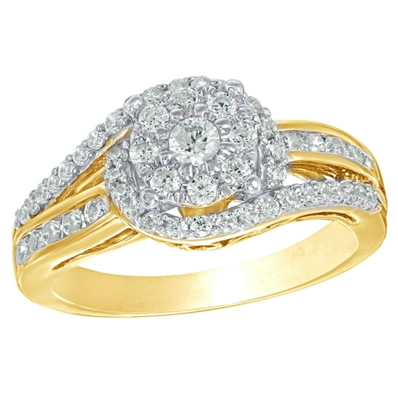 White Natural Diamond Swirl Frame Cluster Engagement Ring in 10k Yellow Gold
