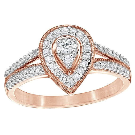 AFFY White Natural Diamond Teardrop Shaped Frame Split Shank Vintage Style Engagement Ring in 10k Rose Gold