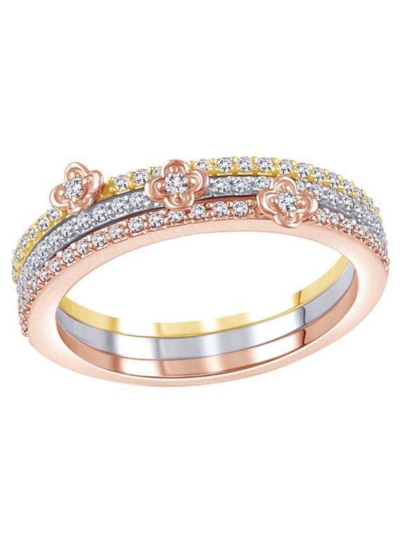 White Natural Diamond Three Ring Set Stackable Tri Tone Ring in 10K Rose Gold (0.33 cttw)