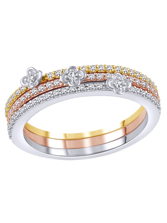 White Natural Diamond Three Ring Set Stackable Tri Tone Ring in 10K White Gold (0.33 cttw)