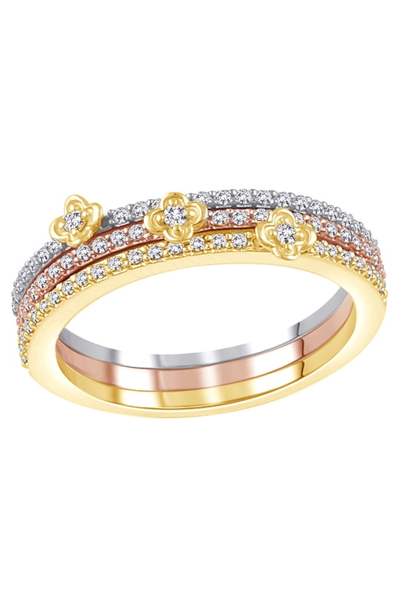 White Natural Diamond Three Ring Set Stackable Tri Tone Ring in 10K Yellow Gold (0.33 cttw)