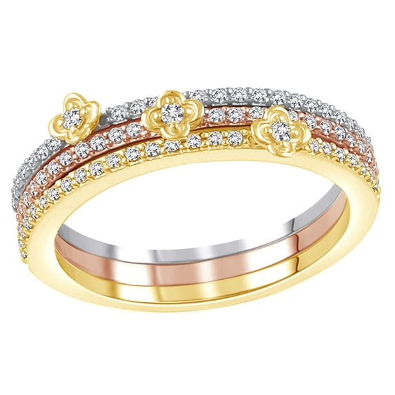 AFFY White Natural Diamond Three Ring Set Stackable Tri Tone Ring in 10K Yellow Gold (0.33 cttw)