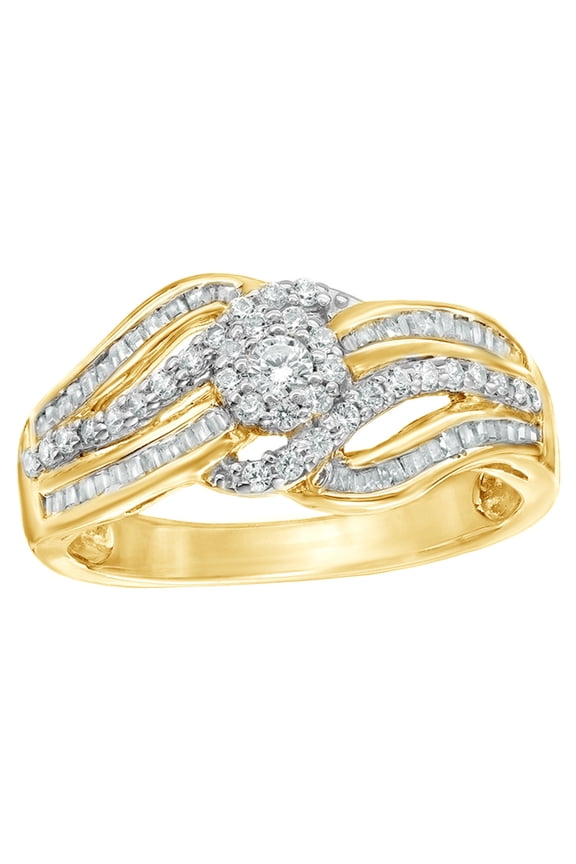 White Natural Diamond Three Row Bypass Ring In 10k Yellow Gold
