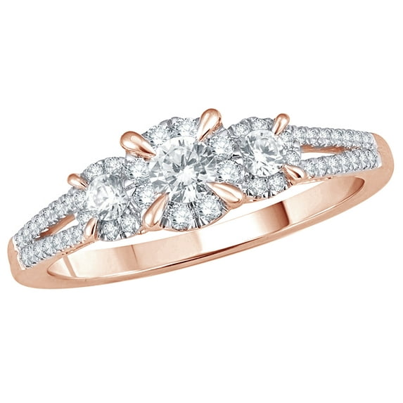 AFFY White Natural Diamond Three-Stone Cluster Split Shank Engagement Ring in 10k Rose Gold