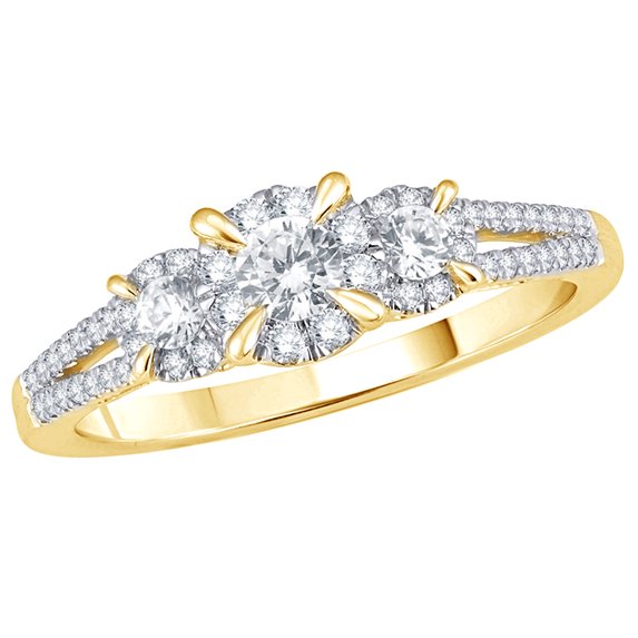 AFFY White Natural Diamond Three-Stone Cluster Split Shank Engagement Ring in 10k Yellow Gold