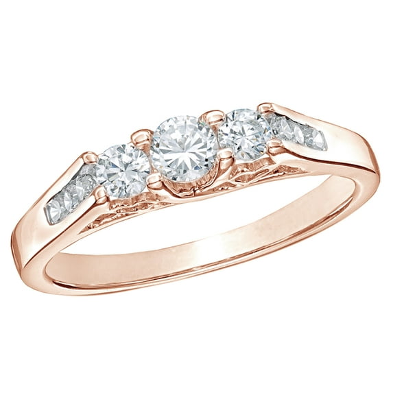 White Natural Diamond Three Stone Engagement Ring in 10k Rose Gold