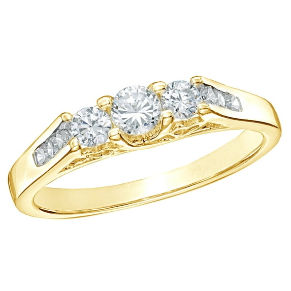 White Natural Diamond Three Stone Engagement Ring in 10k Yellow Gold