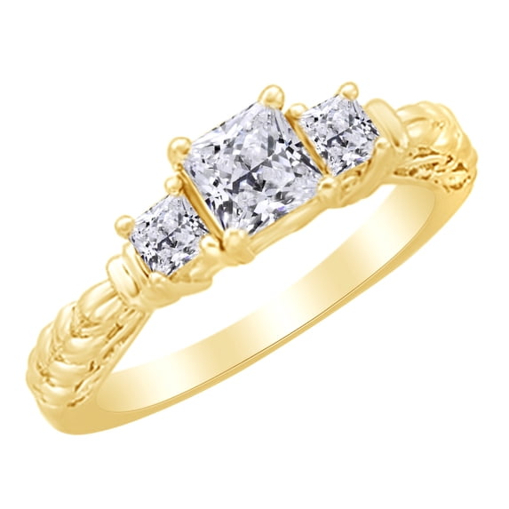 AFFY White Natural Diamond Three Stone Engagement Ring in 14k Yellow Gold (1.13 Cttw) Ring Size : 10.5