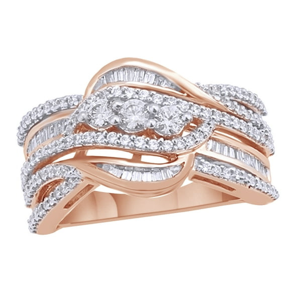 AFFY White Natural Diamond Three Stone Layered Crossover Ring in 10k Rose Gold