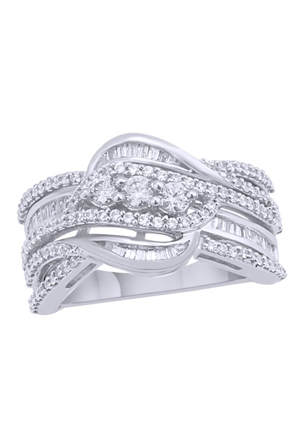 White Natural Diamond Three Stone Layered Crossover Ring in 10k White Gold