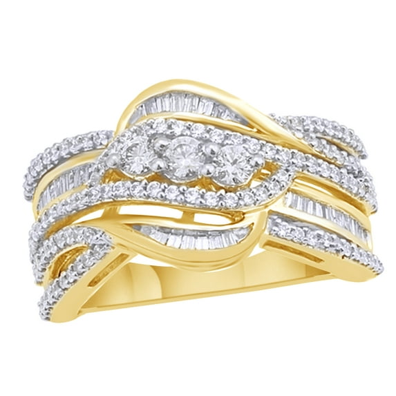AFFY White Natural Diamond Three Stone Layered Crossover Ring in 10k Yellow Gold