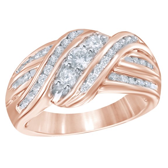 White Natural Diamond Three Stone Slant Ring in 10k Rose Gold
