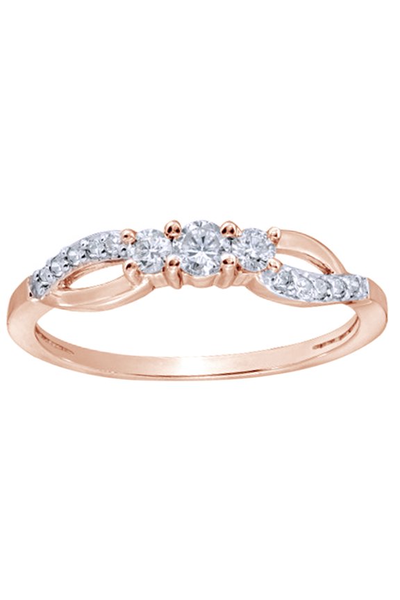 White Natural Diamond Three Stone Split Shank Ring in 10k Rose Gold