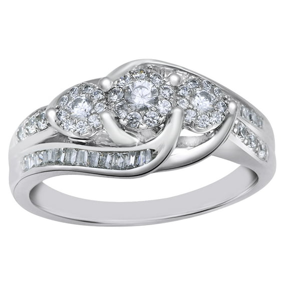 AFFY White Natural Diamond Three Stone Swirl Promise Ring in 10k White Gold By