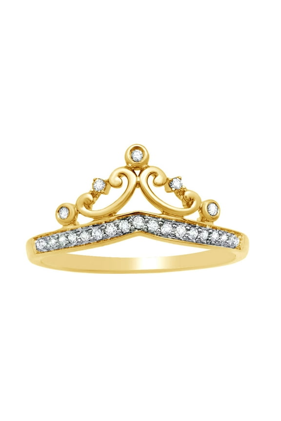 White Natural Diamond Tiara Crown Ring In 10k Yellow Gold