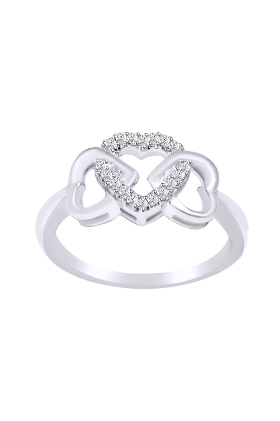 White Natural Diamond Triple Heart Promise Ring In 14k White Gold Over Sterling Silver (0.1 Cttw)