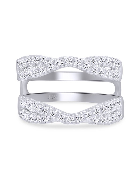 White Natural Diamond Twist Split Shank Solitaire Enhancer Guard in 14K White Gold (1 Cttw)