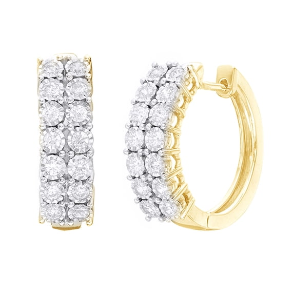 AFFY White Natural Diamond Two Row Hoop Earrings in 10K Yellow Gold (1 Cttw)